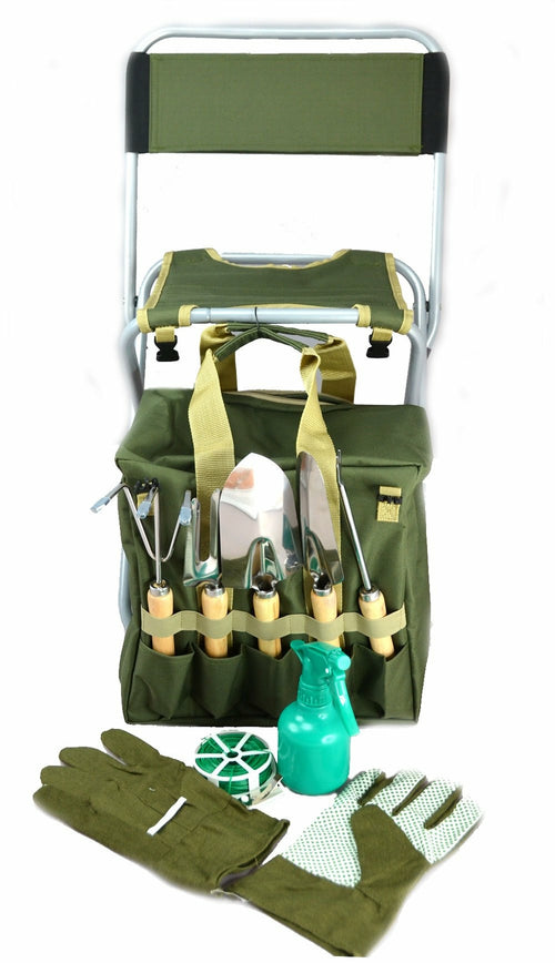 10-Piece Gardening Tool Set with Zippered Detachable Tote and Folding Stool Seat